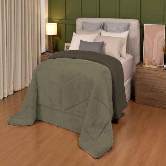 Coberdrom Dupla Face Solteiro com Sherpa Lavive Winter Colors 2,40m X 1,50m Verde Militar / Fendi