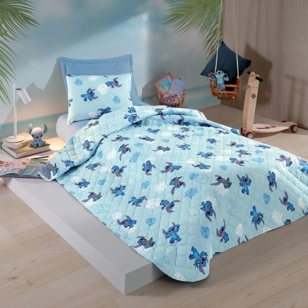 Cobre Leito Solteiro Hedrons Disney Stitch Folhas 1,60 x 2,35 ( Não Acompanha Porta Travesseiro)