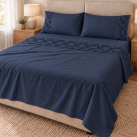 Jogo de Cama Casal 4 Peças Bordado Azul Marinho 100% Poliéster Top Max