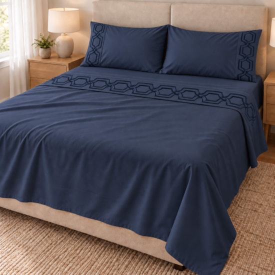 Jogo de Cama Casal 4 Peças Bordado Azul Marinho 100% Poliéster Top Max