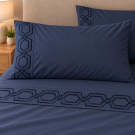 Jogo de Cama Casal 4 Peças Bordado Azul Marinho 100% Poliéster Top Max