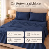 Jogo de Cama Casal 4 Peças Bordado Azul Marinho 100% Poliéster Top Max