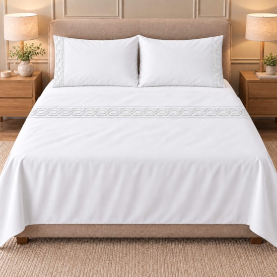 Jogo de Cama Casal 4 Peças Bordado Branco 100% Poliéster Top Max