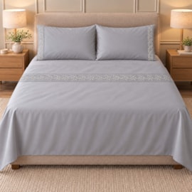 Jogo de Cama Casal 4 Peças Bordado Cinza 100% Poliéster Top Max