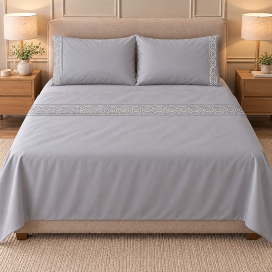 Jogo de Cama Casal 4 Peças Bordado Cinza 100% Poliéster Top Max
