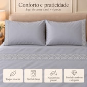 Jogo de Cama Casal 4 Peças Bordado Cinza 100% Poliéster Top Max