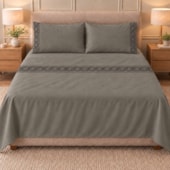 Jogo de Cama Casal 4 Peças Bordado Cinza Escuro 100% Poliéster Top Max