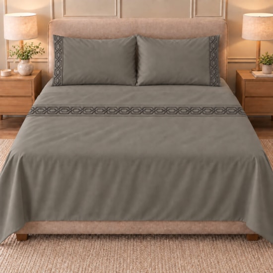 Jogo de Cama Casal 4 Peças Bordado Cinza Escuro 100% Poliéster Top Max