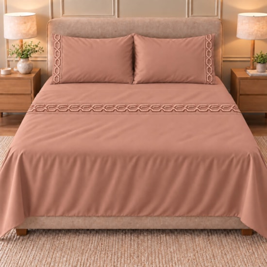 Jogo de Cama Casal 4 Peças Bordado Rosè 100% Poliéster Top Max