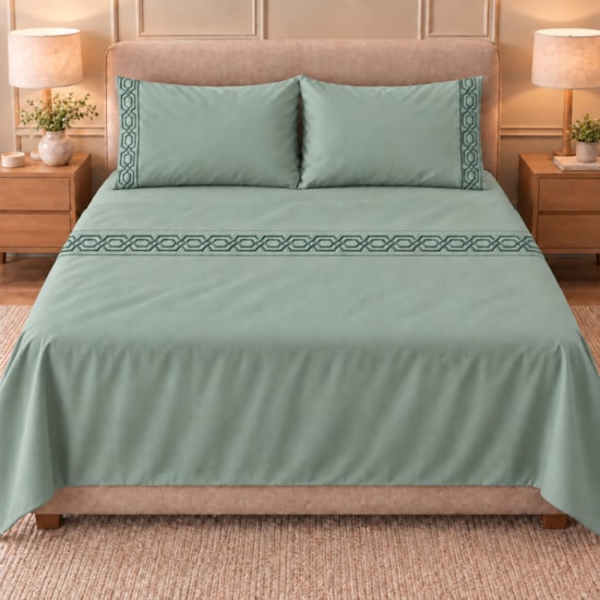 Jogo de Cama Casal 4 Peças Bordado Verde 100% Poliéster Top Max