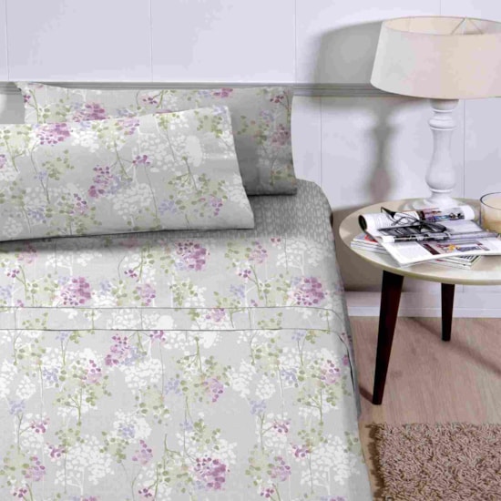 Jogo de Cama Casal Corttex Microtec 200 fios Floral Lilas 4 Pçs ( 2 Lençois e 2 Fronha)