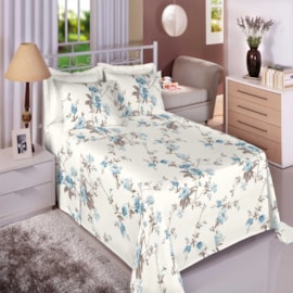 Jogo de Cama Casal Premium Linea 180 Fios Floral Azul (2 Lençois + 2 Fronha)