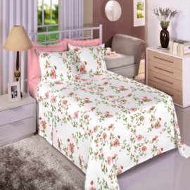 Jogo de Cama Casal Premium Linea 180 Fios Floral Rosa (2 Lençois + 2 Fronha)