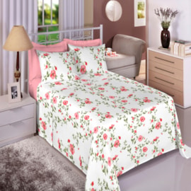 Jogo de Cama Casal Premium Linea 180 Fios Floral Rosa (2 Lençois + 2 Fronha)