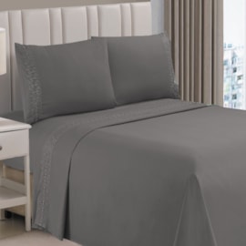 Jogo de Cama Flora Bordado Casal Cinza 4 Pçs (2lençois + 2Fronha)