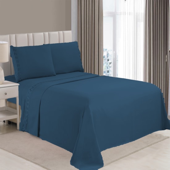 Jogo de Cama Flora Bordado Queen Azul 4 Pçs (2lençois + 2Fronha)