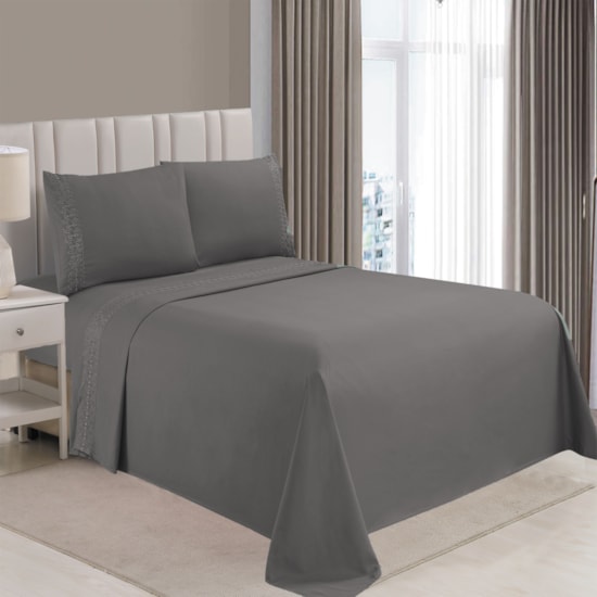 Jogo de Cama Flora Bordado Queen Cinza 4 Pçs (2lençois + 2Fronha)