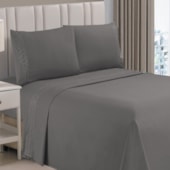 Jogo de Cama Flora Bordado Queen Cinza 4 Pçs (2lençois + 2Fronha)