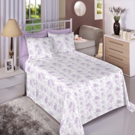 Jogo de Cama King Premium Linea 180 Fios Flores Lilas (2 Lençois + 2 Fronha)