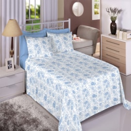 Jogo de Cama Queen Premium Linea 180 Fios Floral Azul II  (2 Lençois + 2 Fronha)