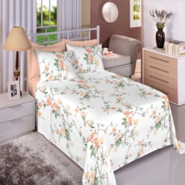 Jogo de Cama Queen Premium Linea 180 Fios Floral Salmão (2 Lençois + 2 Fronha)