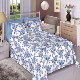 Jogo de Cama Queen Premium Linea 180 Fios Flores Azul (2 Lençois + 2 Fronha)