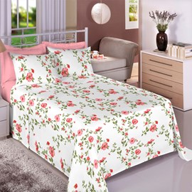 Jogo de Cama Queen Premium Linea 180 Fios Flores Rosas (2 Lençois + 2 Fronha)