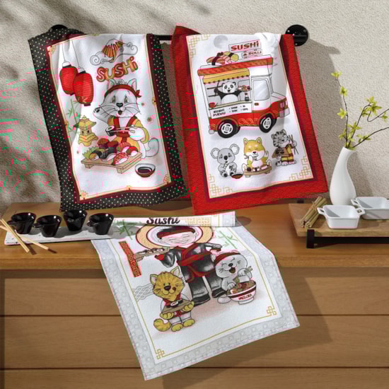 Kit 12 Panos de Copa Felpudo Estampado Dohler Sushi 01 Kit 12 Panos de Copa Felpudo Estampado Dohler Sushi 01