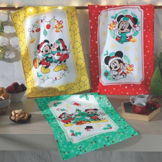 Kit 3 Panos de Copa Felpudo Estampado Dohler Mickey e Minnie Natal