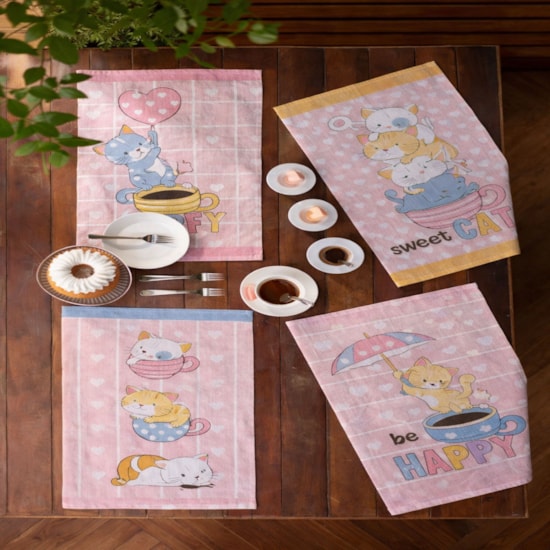 Kit 6 Panos de Copa Felpudo Teka Primore Gatinhos 100% Algodão 40x65 cm