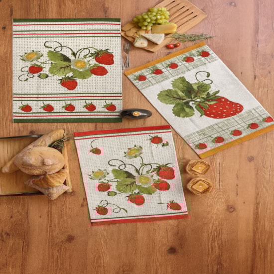 Kit 6 Panos de Copa Felpudo Teka Primore Morangos 100% Algodão 40x65 cm