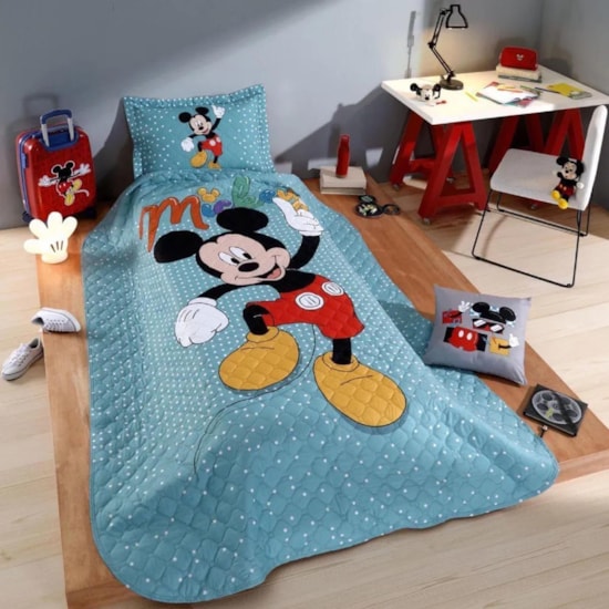 Kit Cobre Leito Solteiro Hedrons Disney Mickey Home 1,60x2,35 (1 Cobre Leito + 1 Porta Travesseiro)