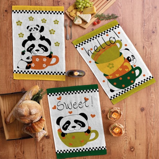 Kit Pano de Copa Felpudo Teka Primore Estampas Pandas 6 Pçs Kit Pano de Copa Felpudo Teka Primore Estampas Pandas 6 Pçs