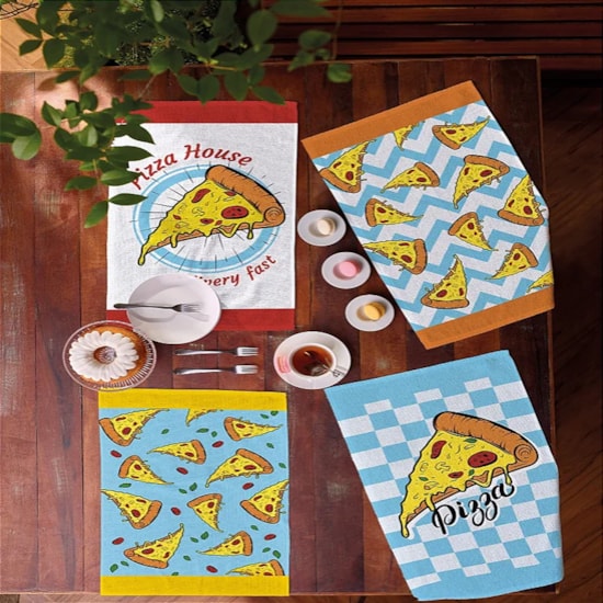 Kit Pano de Copa Felpudo Teka Primore Estampas Pizza 6 Pçs