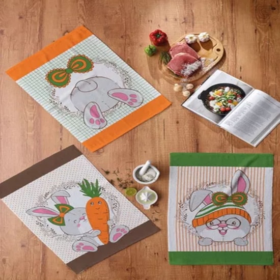 Kit Pano de Copa Teka Fiori Bunnys e Café da Manhã 6 Peças Kit Pano de Copa Teka Fiori Bunnys e Café da Manhã 6 Peças