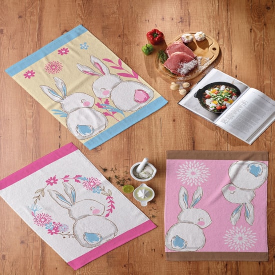 Kit Pano de Copa Teka Fiori Bunnys e Geléia 6 Peças Kit Pano de Copa Teka Fiori Bunnys e Geléia 6 Peças