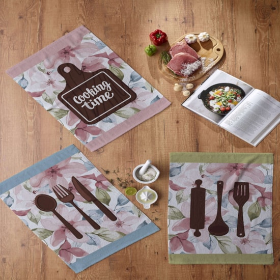 Kit Pano de Copa Teka Fiori Cooking Time e Frutas 6 Pçs Kit Pano de Copa Teka Fiori Cooking Time e Frutas 6 Pçs