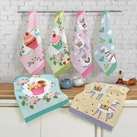 Kit Pano de Copa Teka Fiori Cupcacke e Lhamas 6 Peças Kit Pano de Copa Teka Fiori Cupcacke e Lhamas 6 Peças