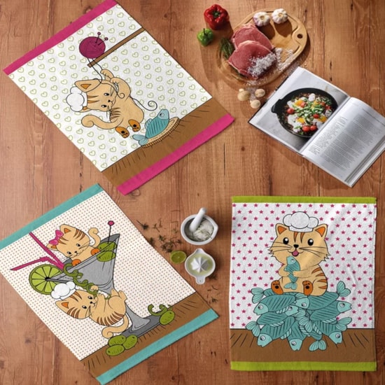 Kit Pano de Copa Teka Fiori Gatinho e Legumes 6 Peças Kit Pano de Copa Teka Fiori Gatinho e Legumes 6 Peças