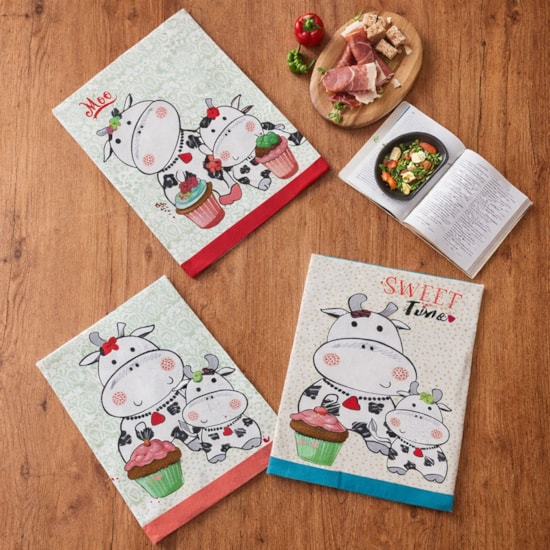 Kit Pano de Copa Teka Fiori Vaquinhas e Pássaro 6 Peças